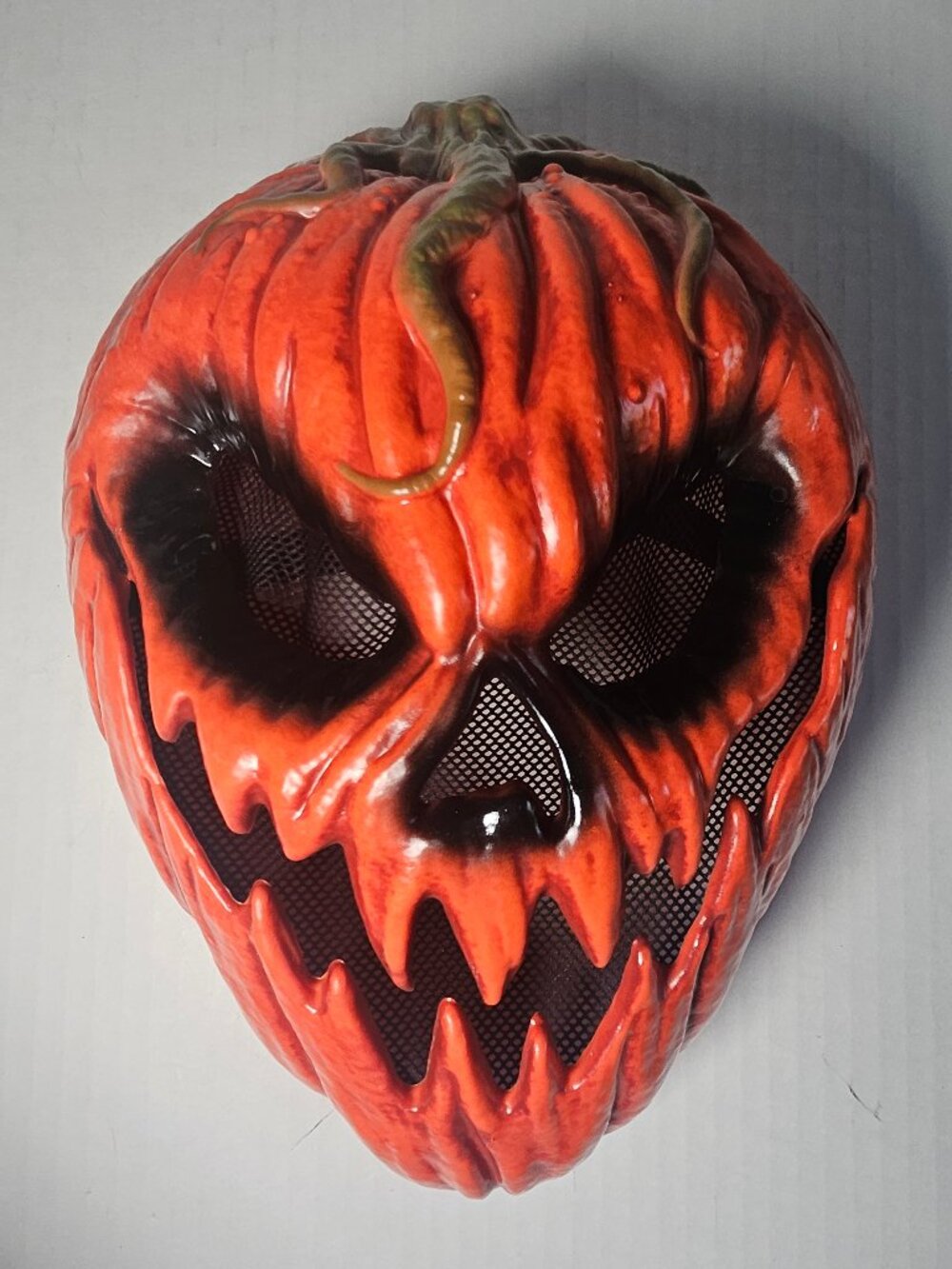 Scary Jack O Lantern Pumpkin Halloween Mask Evil Grin Mesh Eyes Orange Prop